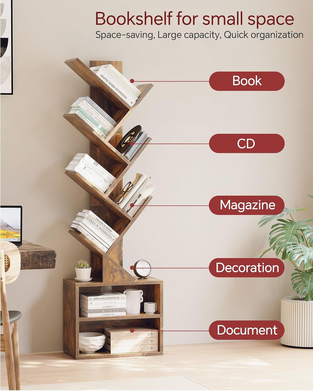 6 Tier Tree Bookshelf with Cabinet Rustic Modern