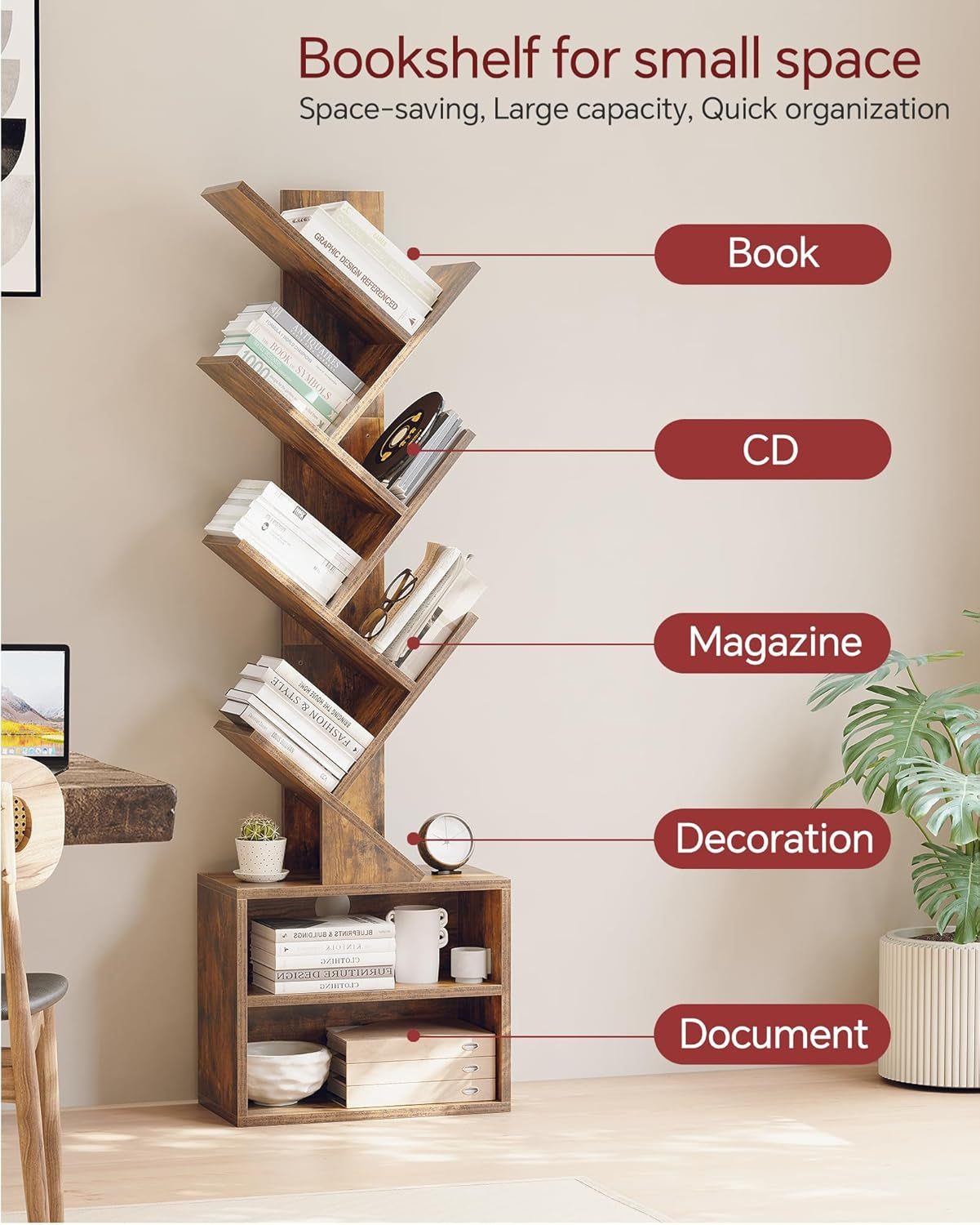 6 Tier Tree Bookshelf with Cabinet Rustic Modern