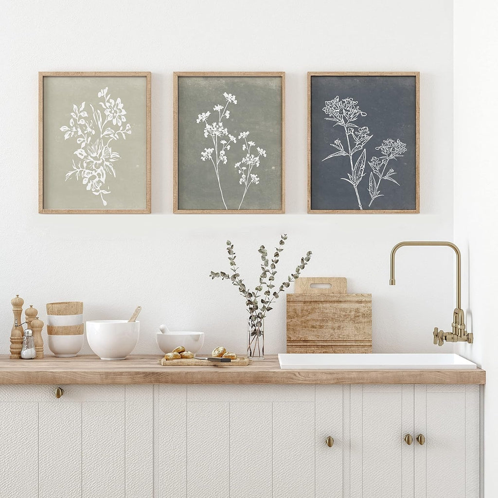 Boho Botanical Framed Art: Rustic Wood Minimalist Set