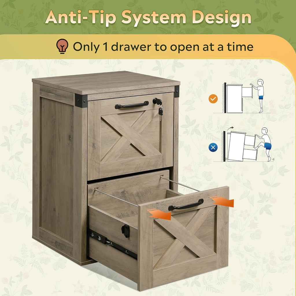 2 Drawer File Cabinet With Lock Gray Oak Farmhouse Home Office Printer