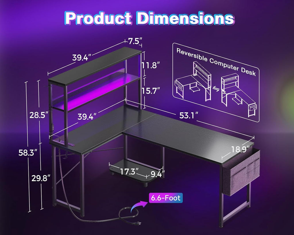 L Shaped Gaming Desk With LED Lights And Power Outlets
