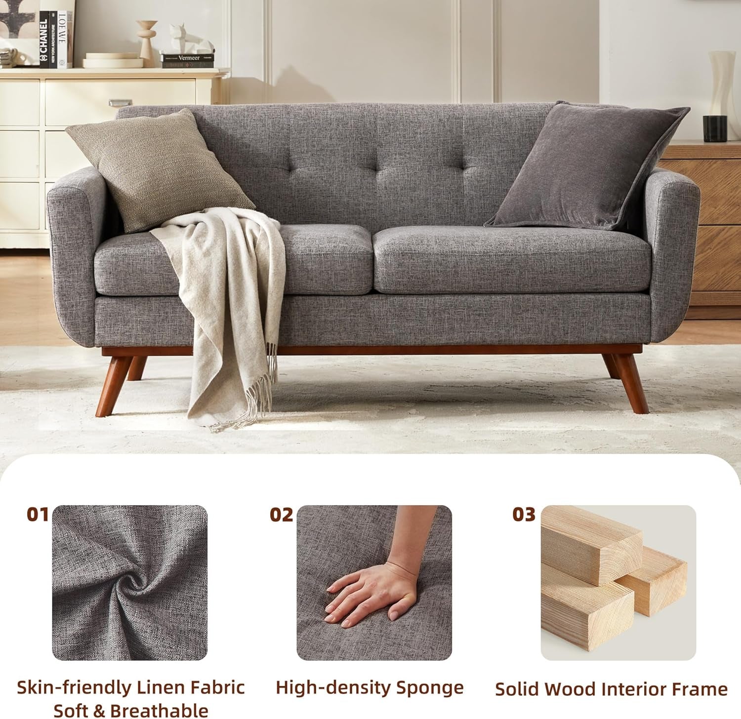 Grey Mid Century Modern Loveseat Sofa 65.3 Inch Living Room