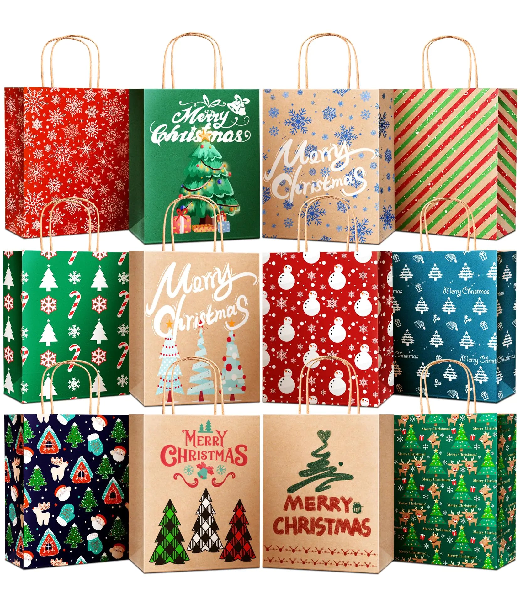 DeckTheHalls Christmas Bags Small Holiday Kraft Paper Bags 36 Pack & 12 Styles Bulk Gift Bags With Handles Retail Bags Party Bags Goody Bags for Xmas Party Favors