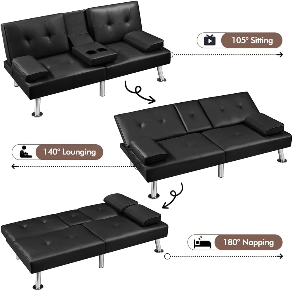 Convertible Sofa Bed Black Faux Leather With Cup Holders