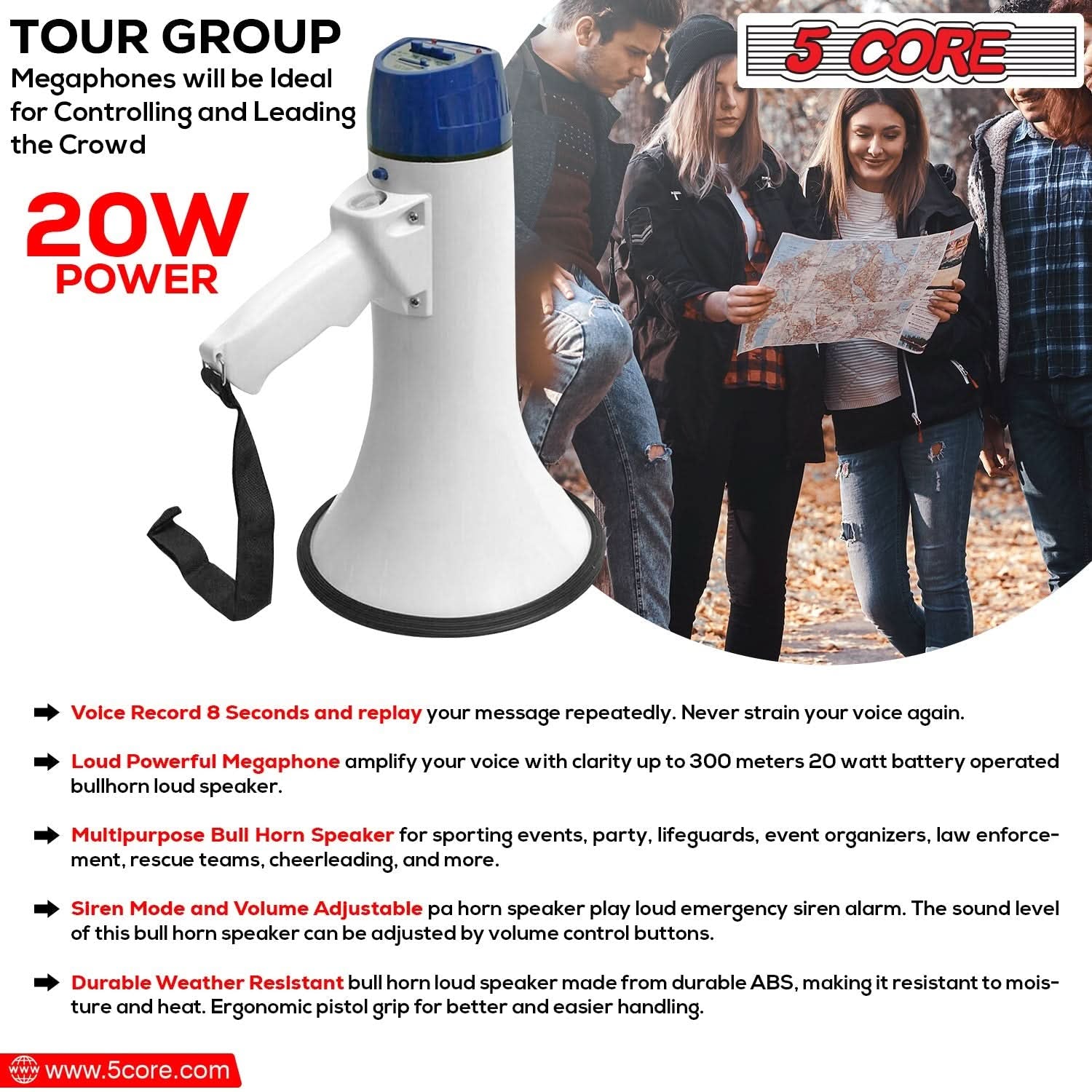 5Core Megaphone Bullhorn Speaker 20W Bull Horn Battery Power Cheer