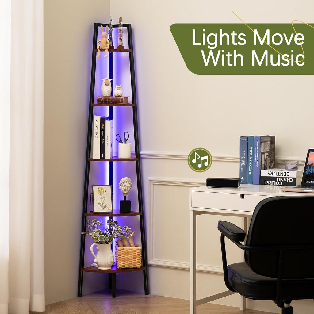Corner Shelf Stand, 5-Tier Corner Bookshelf with LED Light Corner