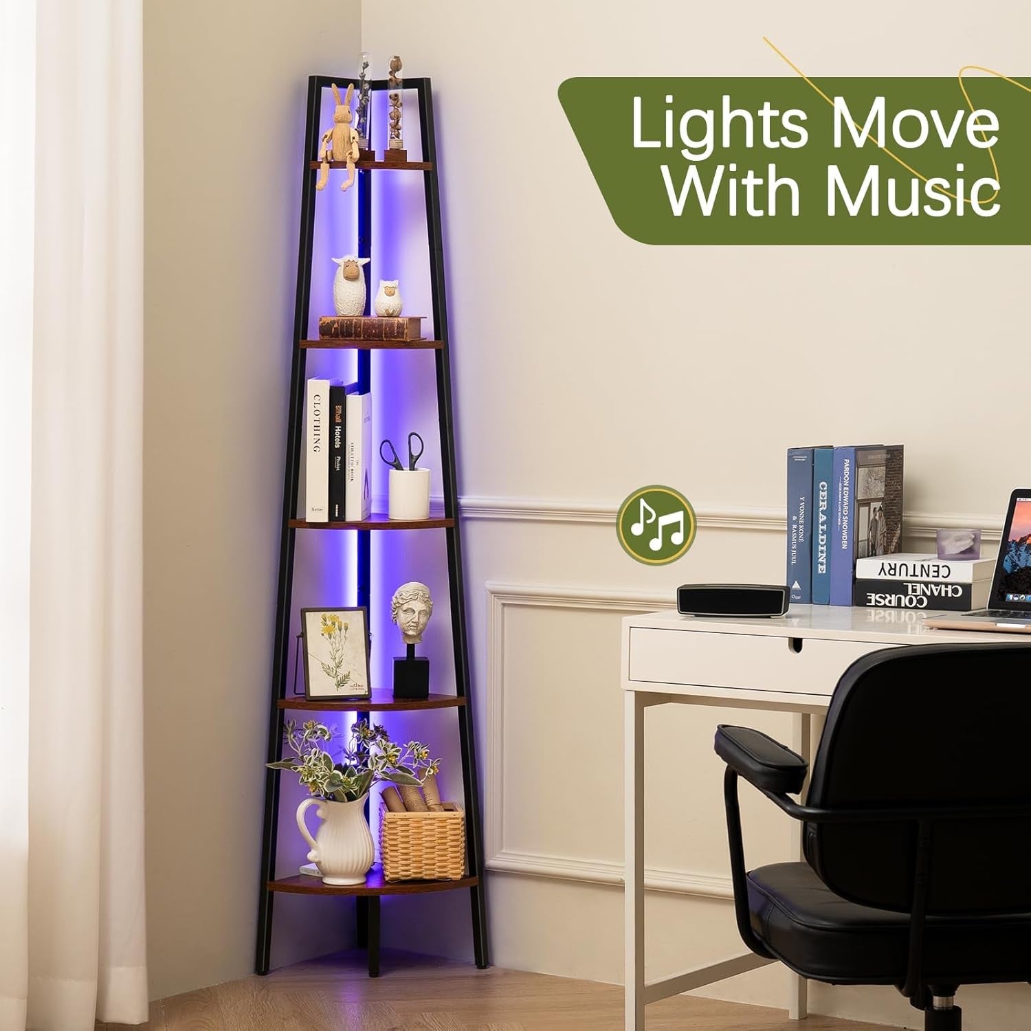 Corner Shelf Stand, 5-Tier Corner Bookshelf with LED Light Corner