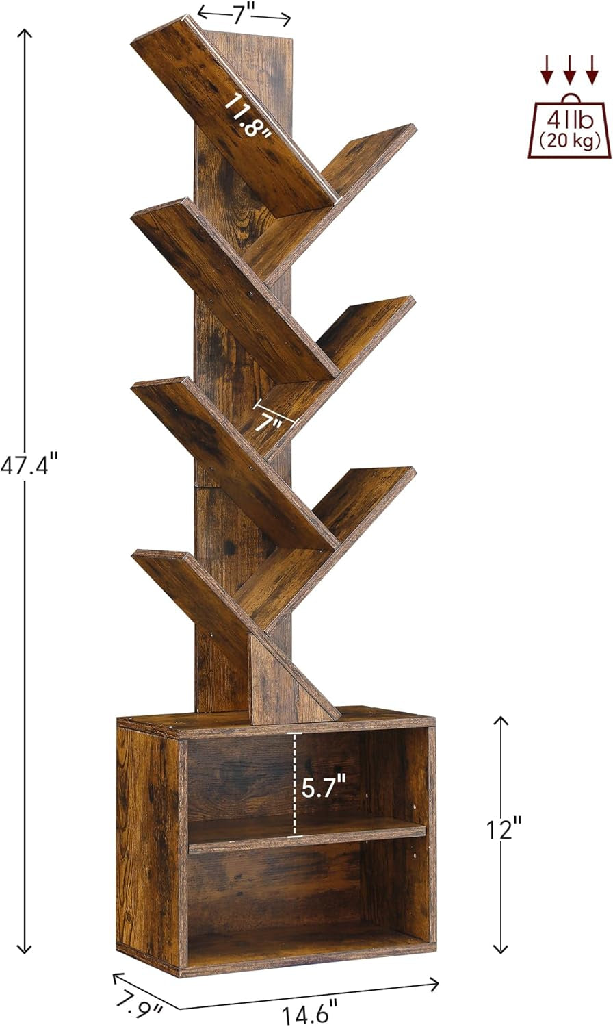 6 Tier Tree Bookshelf with Cabinet Rustic Modern