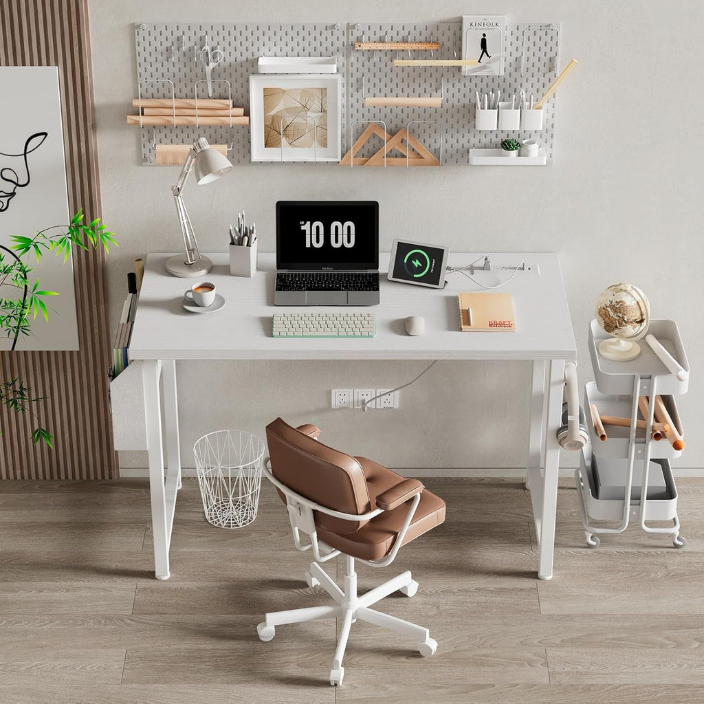 39 Inch White Computer Desk with Power Outlet, 40 Inch Teen Study