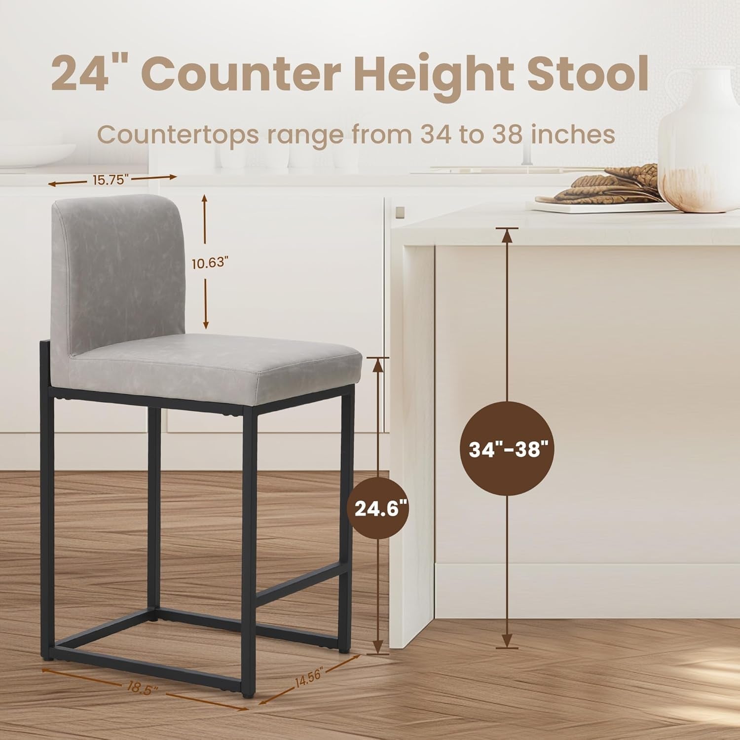 Set Of 4 Counter Height Bar Stools PU Leather With Back