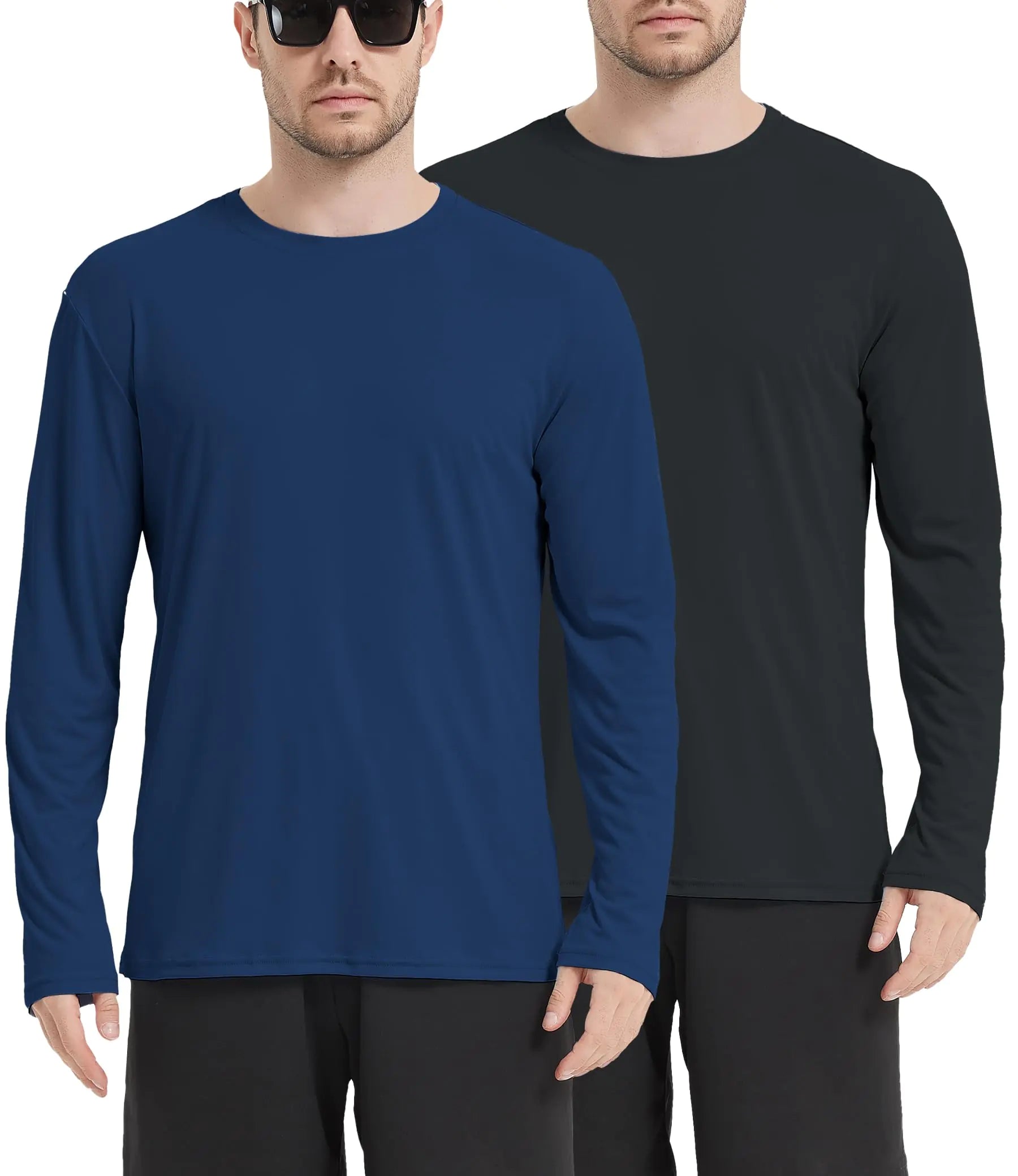 Kinglaman 2 Pack Mens UPF 50+ Rash Guard Long Sleeves Swim Shirts Dry Fit Surf Fishing Running UV Sun Protection Shirts 1 Black 1 Navy Small