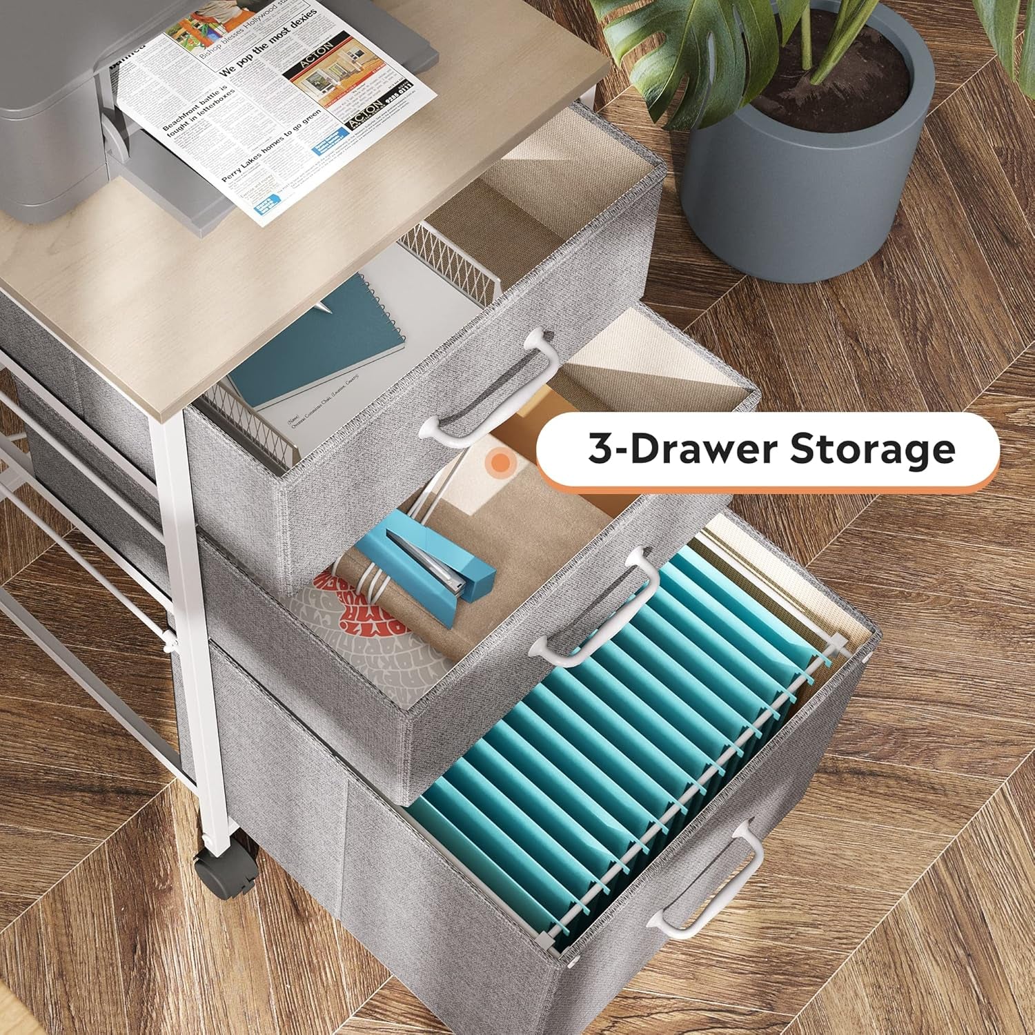 Mobile File Cabinet, Rolling Printer Stand with 3 Drawers, Fabric