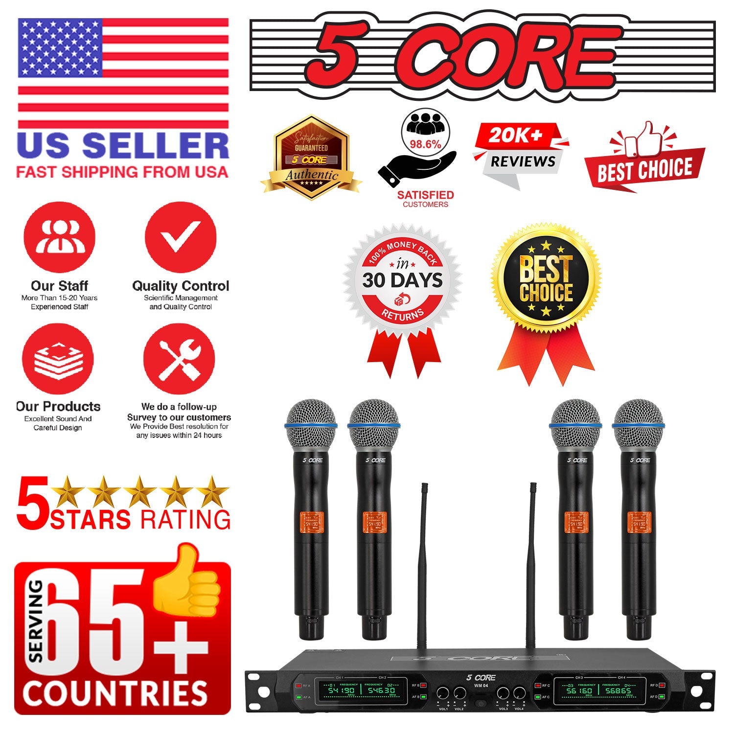5 Core Wireless Microphone System 4 Channel UHF 492F Range Portable