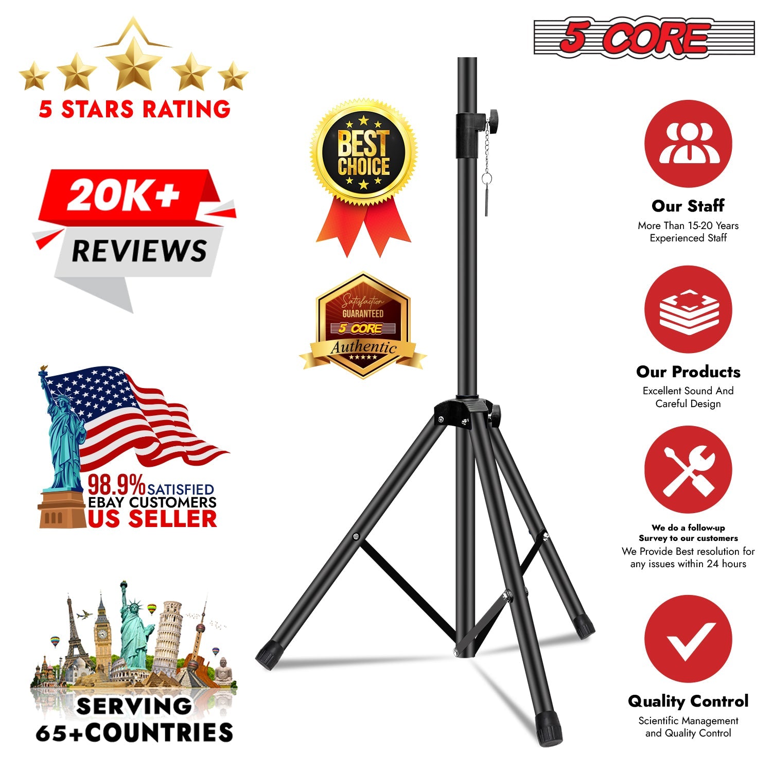 5 Core Speaker Stand Tripod Heavy Duty Adjustable Up to 72 Inch DJ
