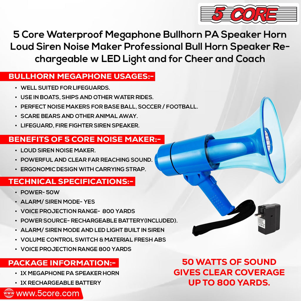 5Core Megaphone Bullhorn Speaker w Siren LED Light Adjustable Volume