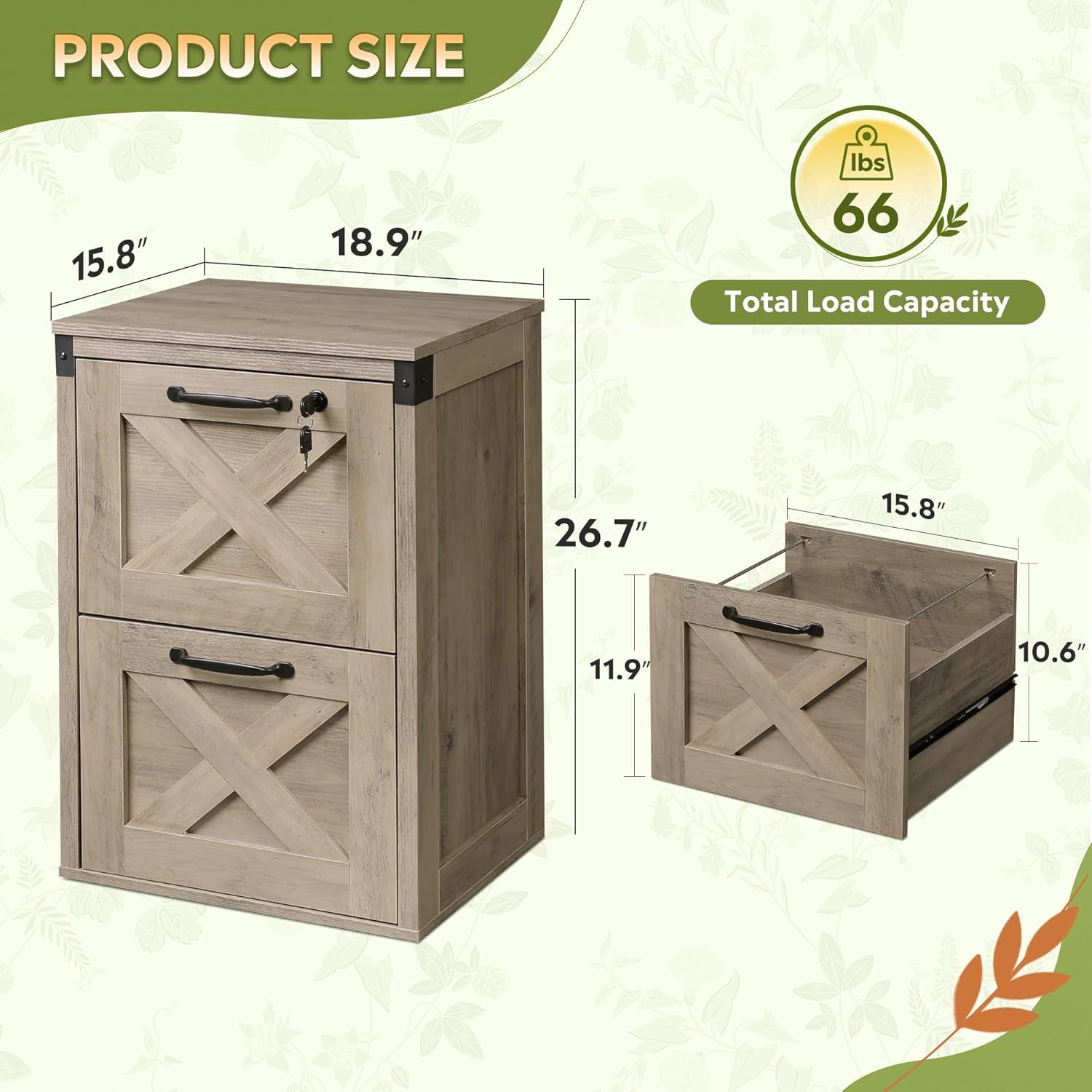 2 Drawer File Cabinet With Lock Gray Oak Farmhouse Home Office Printer