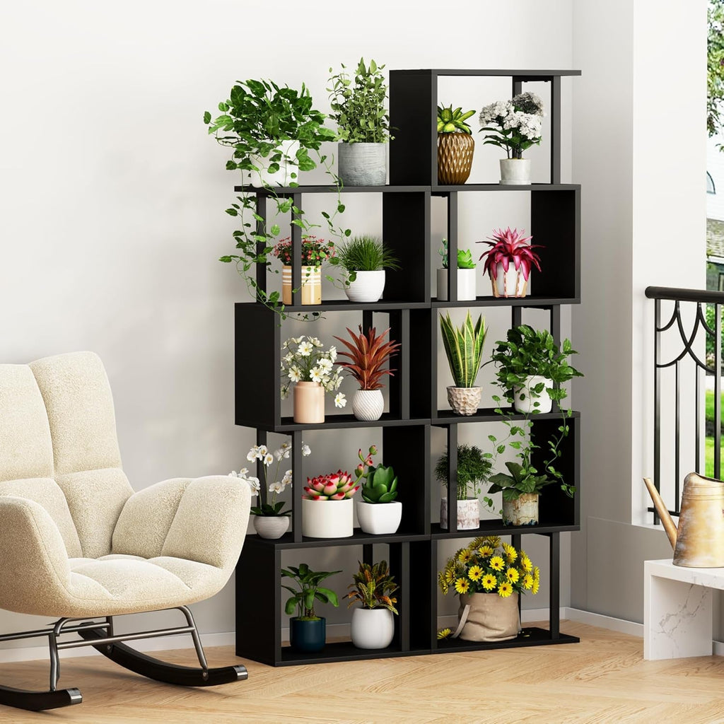 5-Tier Bookshelf, Tall S-Shaped Geometric Bookcase, Wood and Metal