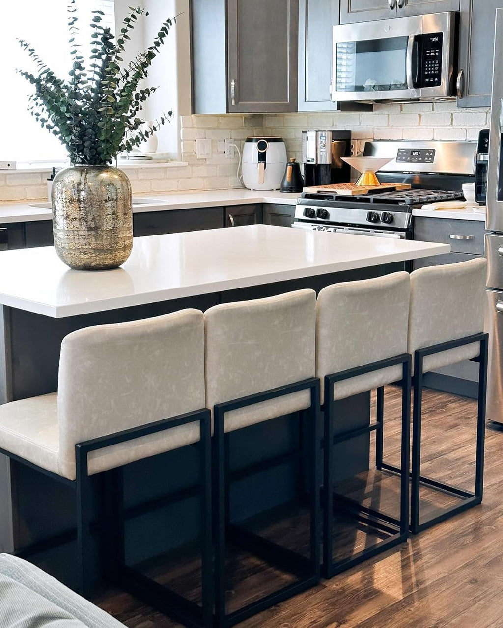 Set Of 4 Counter Height Bar Stools PU Leather With Back