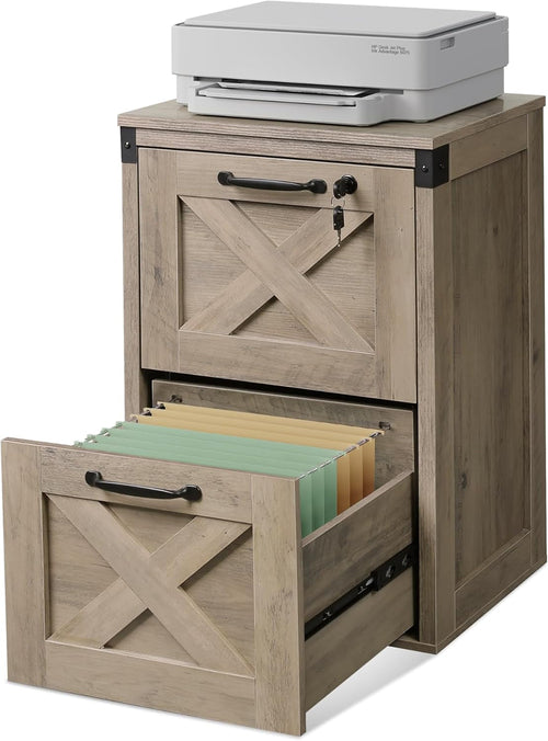 2 Drawer File Cabinet With Lock Gray Oak Farmhouse Home Office Printer