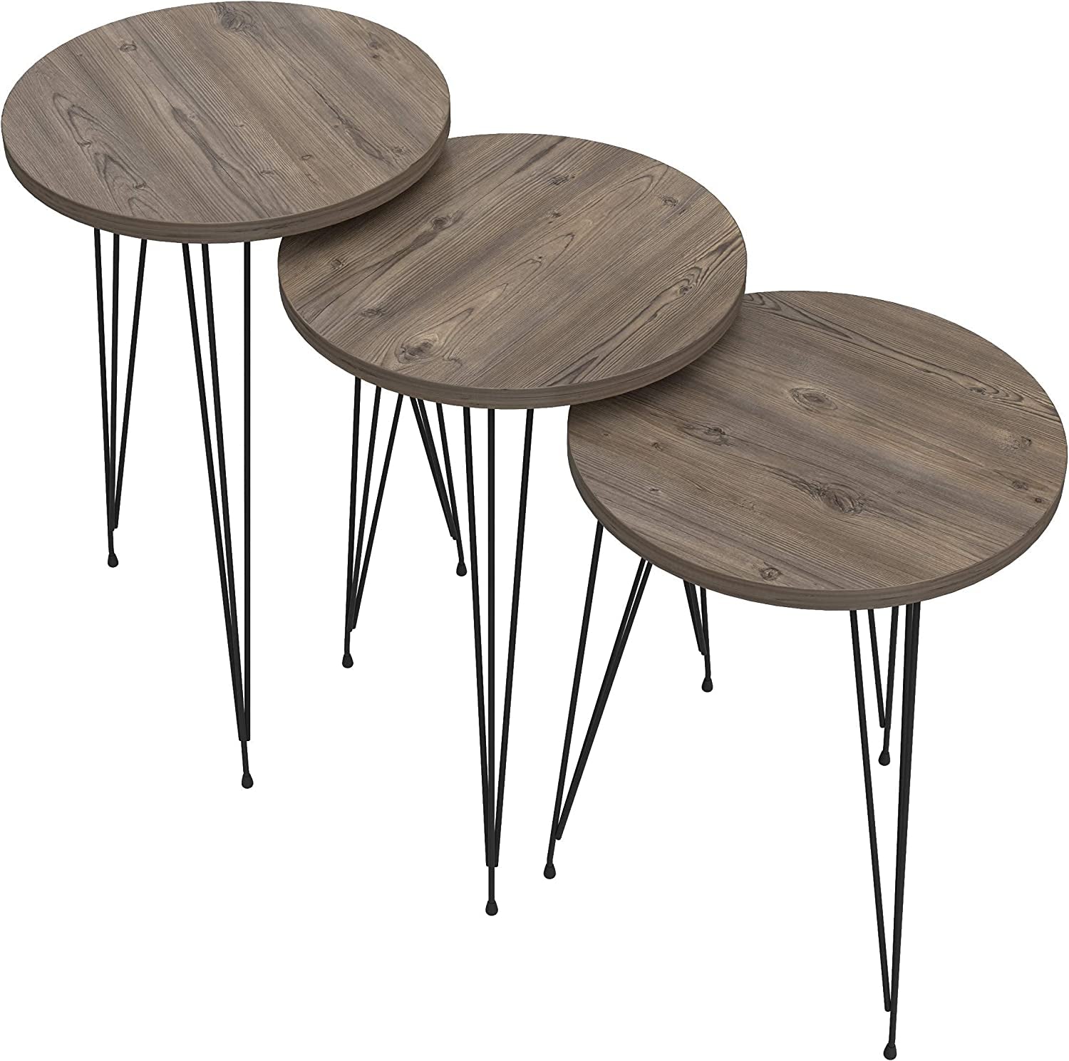 Grey Pine Wood Round Nesting End Tables Set Of 3 With Metal Frame