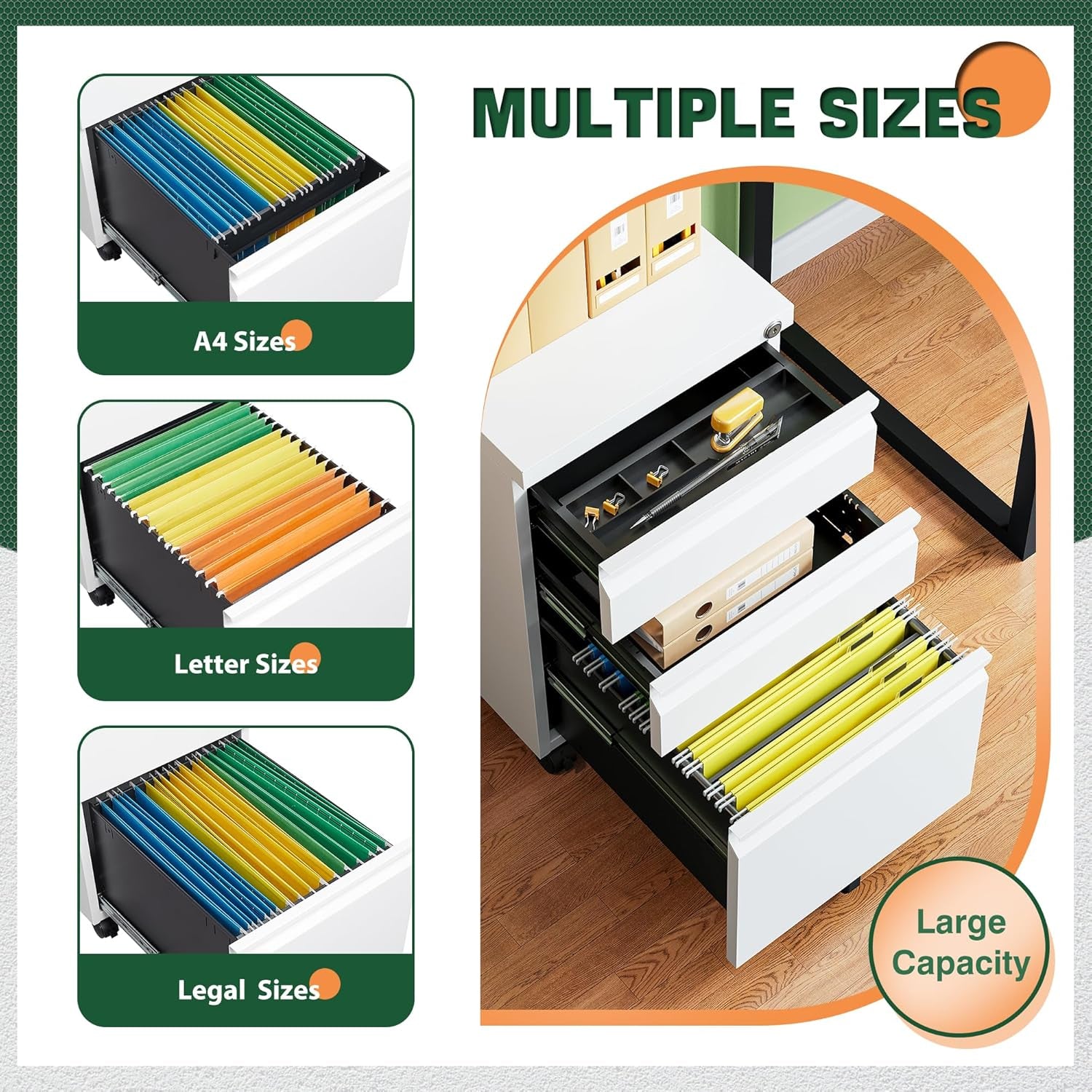 3 Drawer Mobile File Cabinet with Lock, under Desk Metal Filing