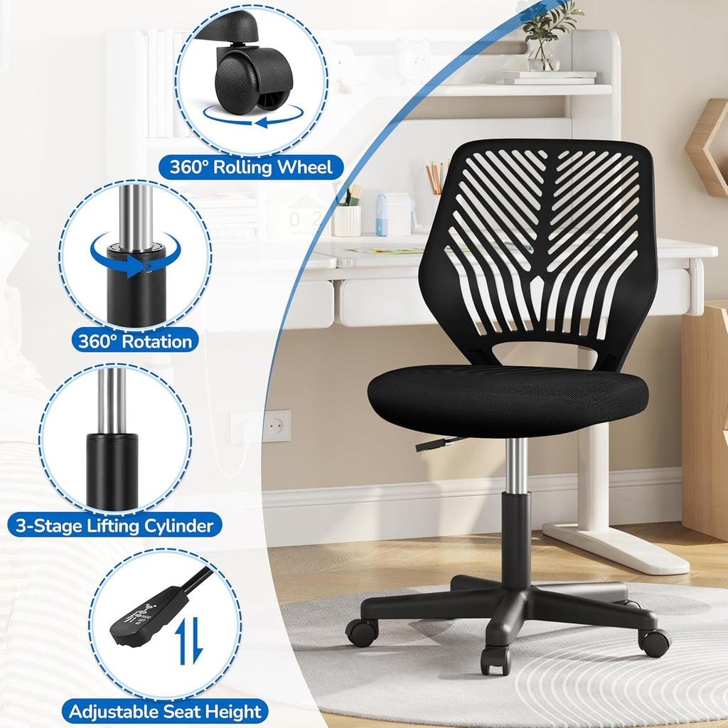 Students Cute Desk Chair Low-Back Armless Study Chair W/Lumbar Support