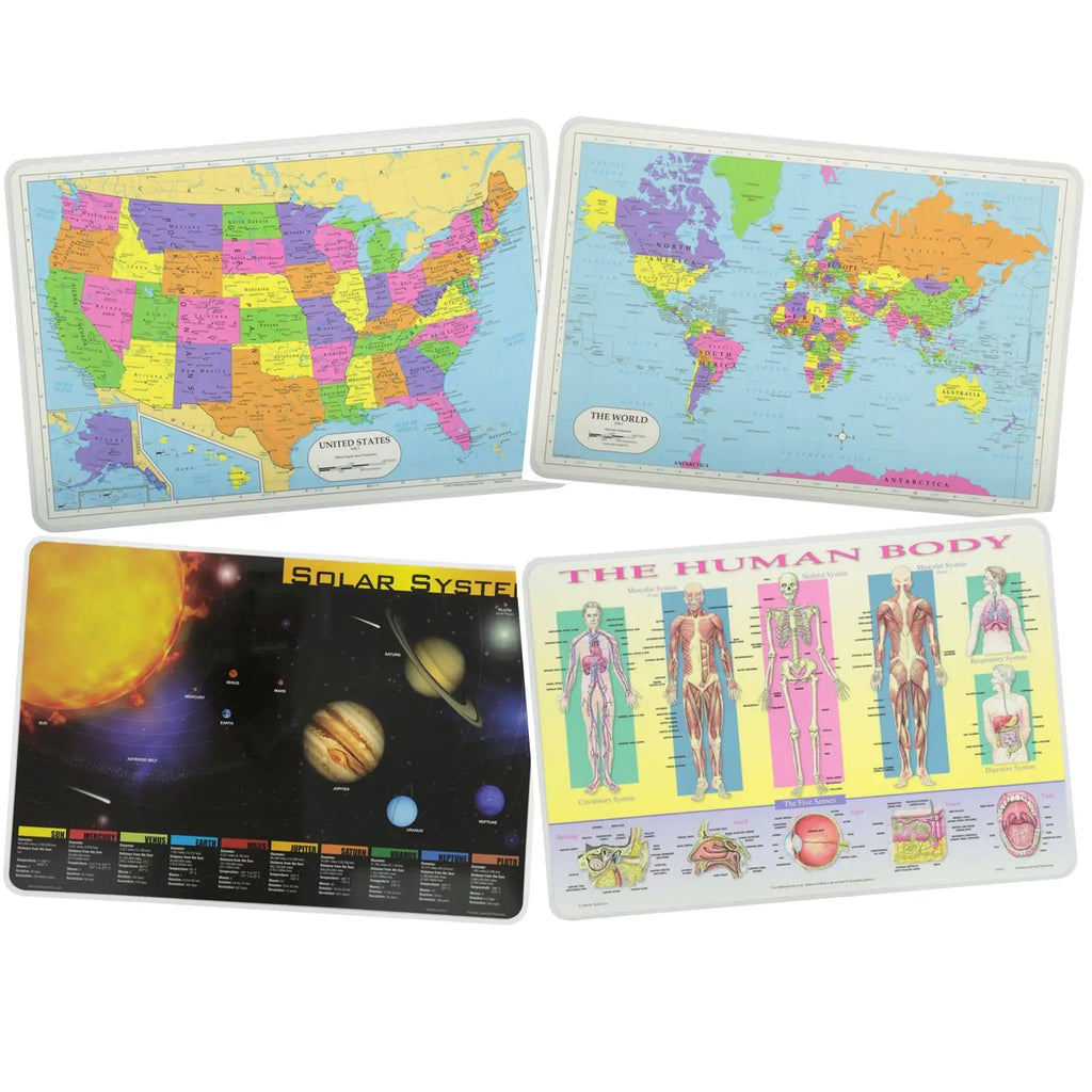 Painless Learning Educational Placemats for Kids USA and World Maps Solar System The Human Body Laminated Washable Reversible Activities Set of 4