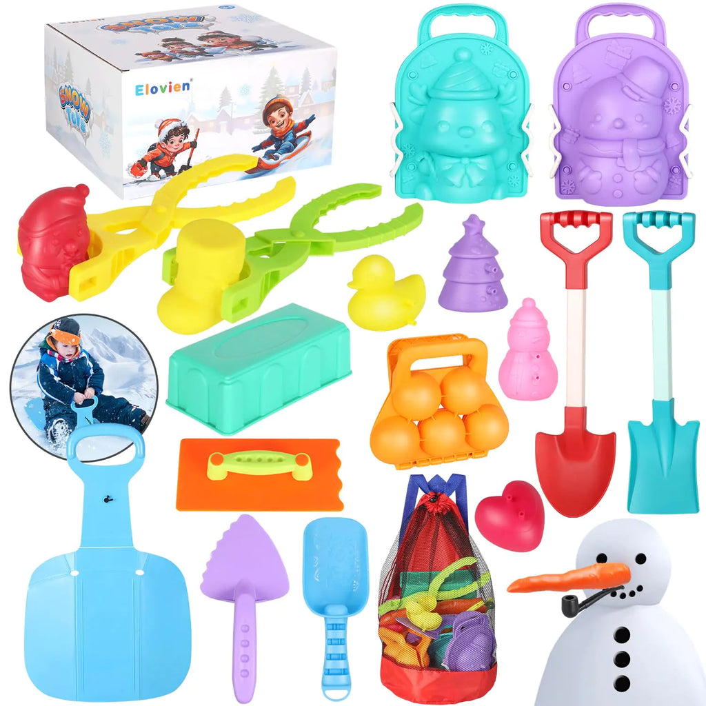 Elovien Snowball Maker 32Pcs Snow Toys Included Foldable Sleds for Kids Snow Shovels for Winter Snowman Making Kit Snow Molds Clips Kids Toddler Outdoor Winter Toys for Travel Snow & Sand Play