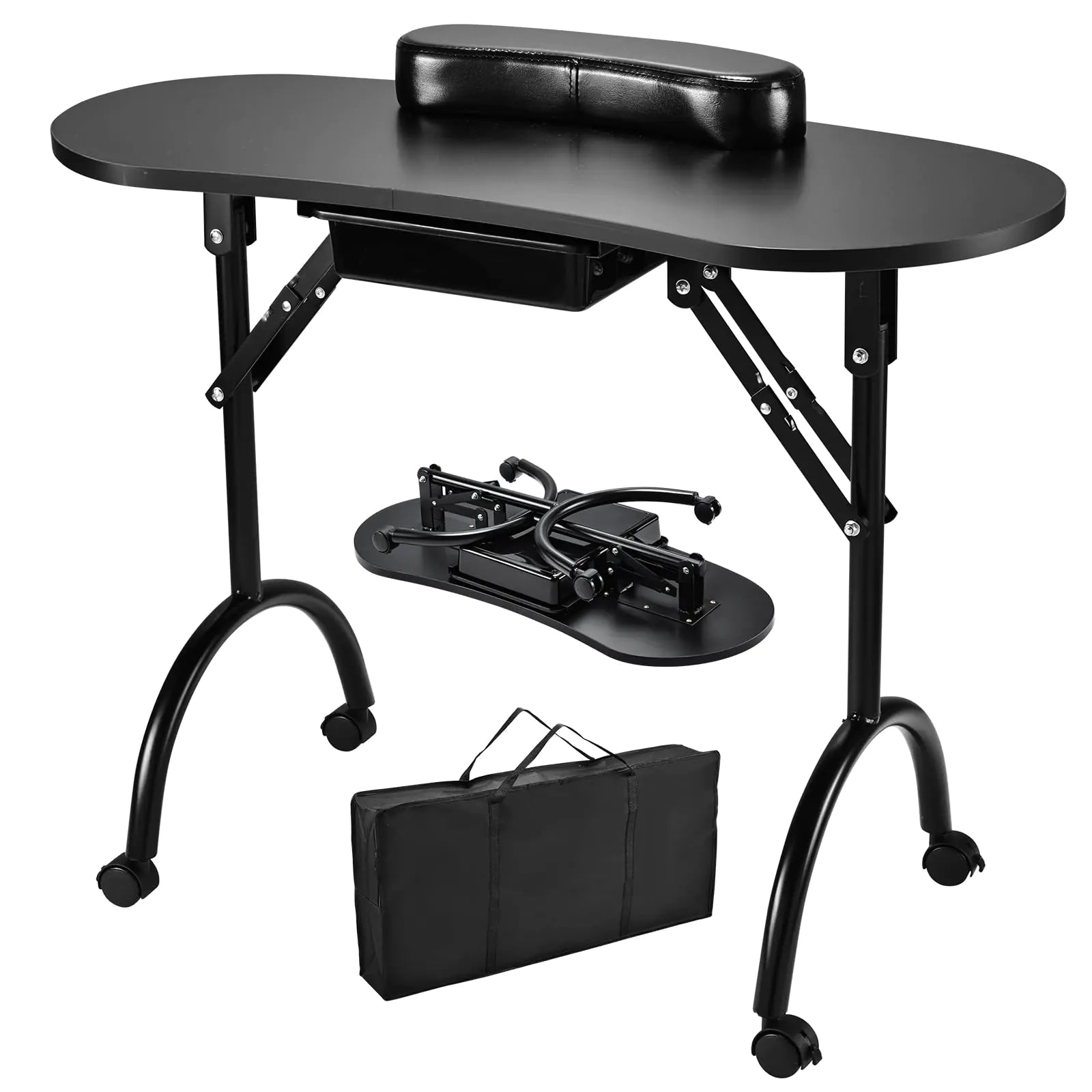 Faquenc Portable Nail Table Manicure Desk Foldable Nails Tech Station Professional Nail Desk with Drawer & Wrist Rest Wheeled Manicurist Workstation for Home Spa Beauty Salon Black