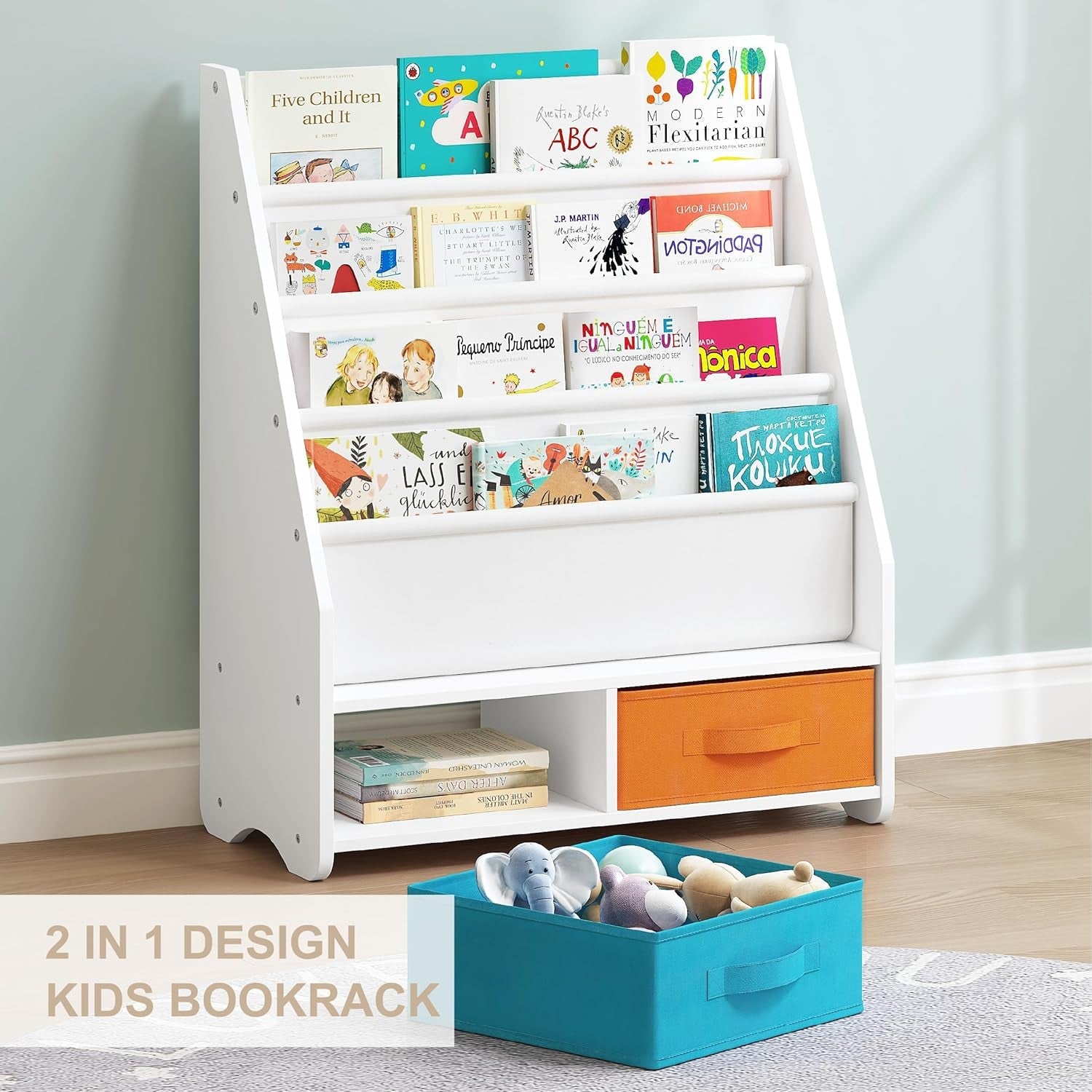 Kids Bookshelf with Storage Bins, Book Shelf for Kids Rooms, 4-Tier