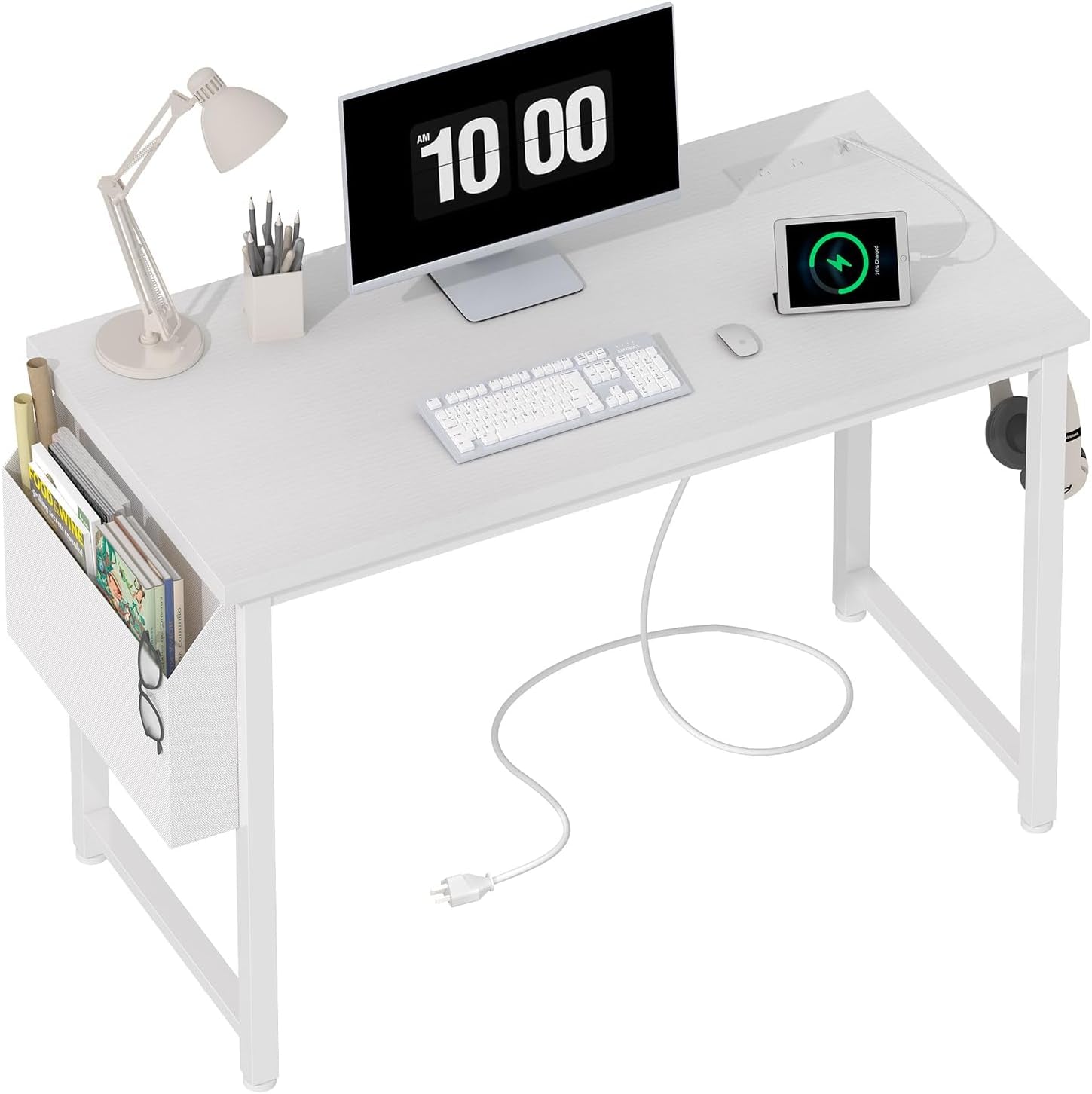 39 Inch White Computer Desk with Power Outlet, 40 Inch Teen Study