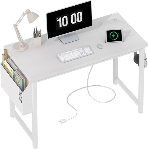 39 Inch White Computer Desk with Power Outlet, 40 Inch Teen Study