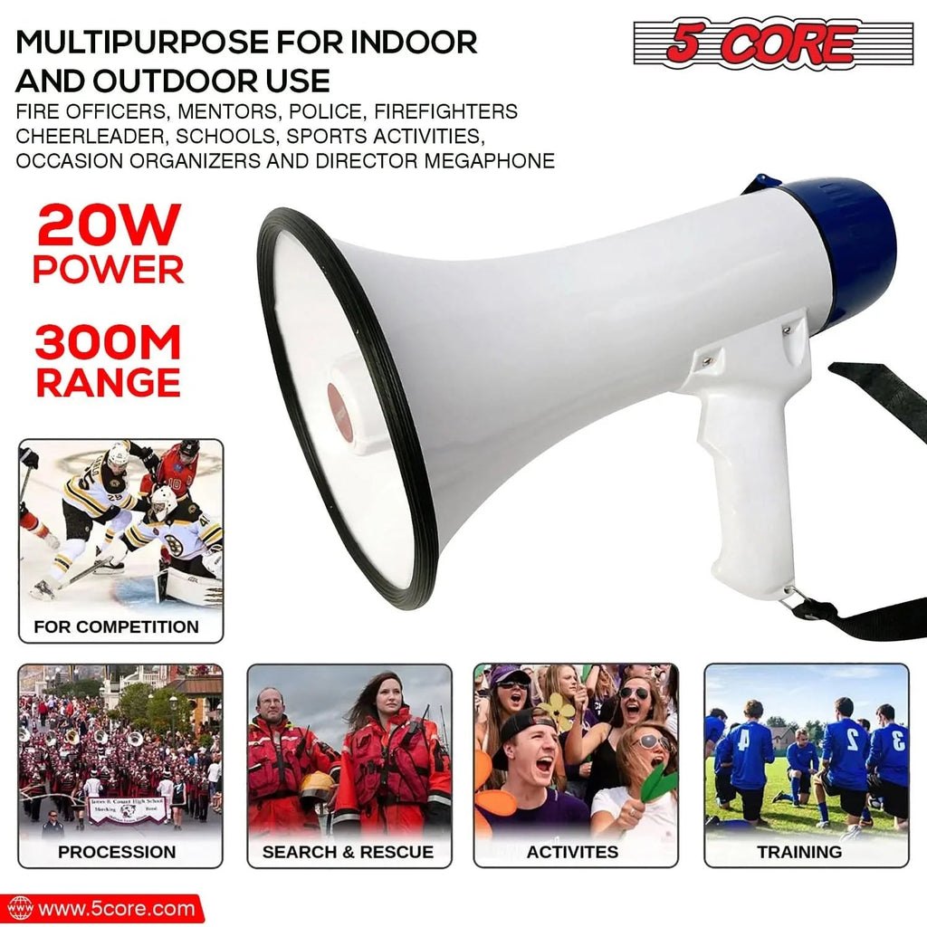 5Core Megaphone Bullhorn Speaker 20W Bull Horn Battery Power Cheer