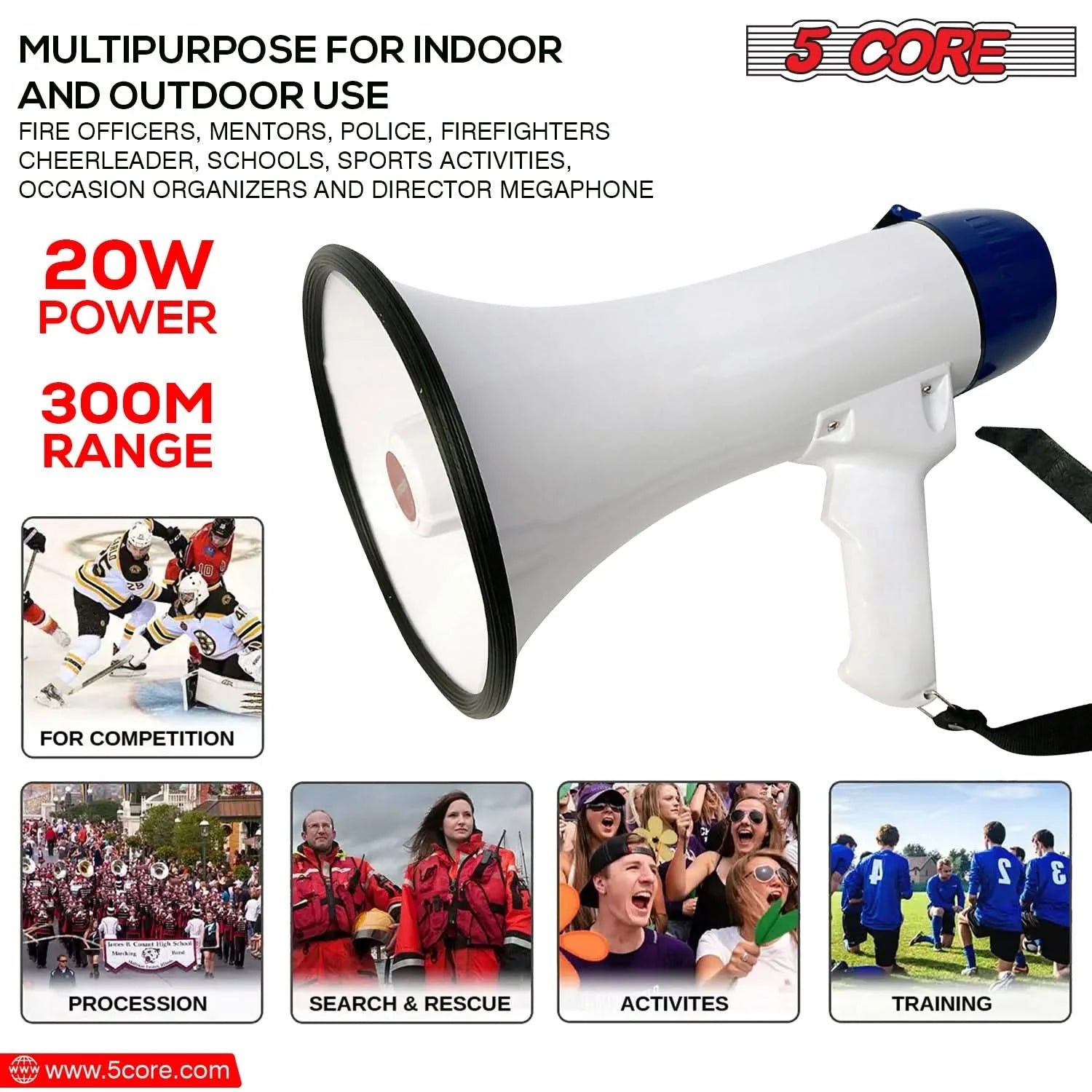 5Core Megaphone Bullhorn Speaker 20W Bull Horn Battery Power Cheer