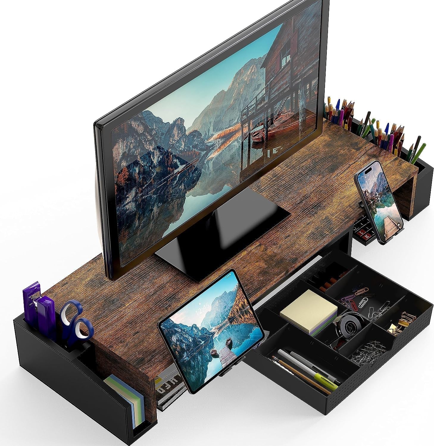 Desk Dual Monitor Stand Riser with Drawer, Rustic Brown