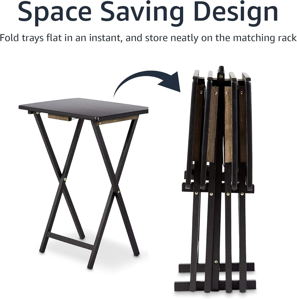 Foldable TV Dinner Tray Table with Storage Rack, Set of 4, Black, 15"