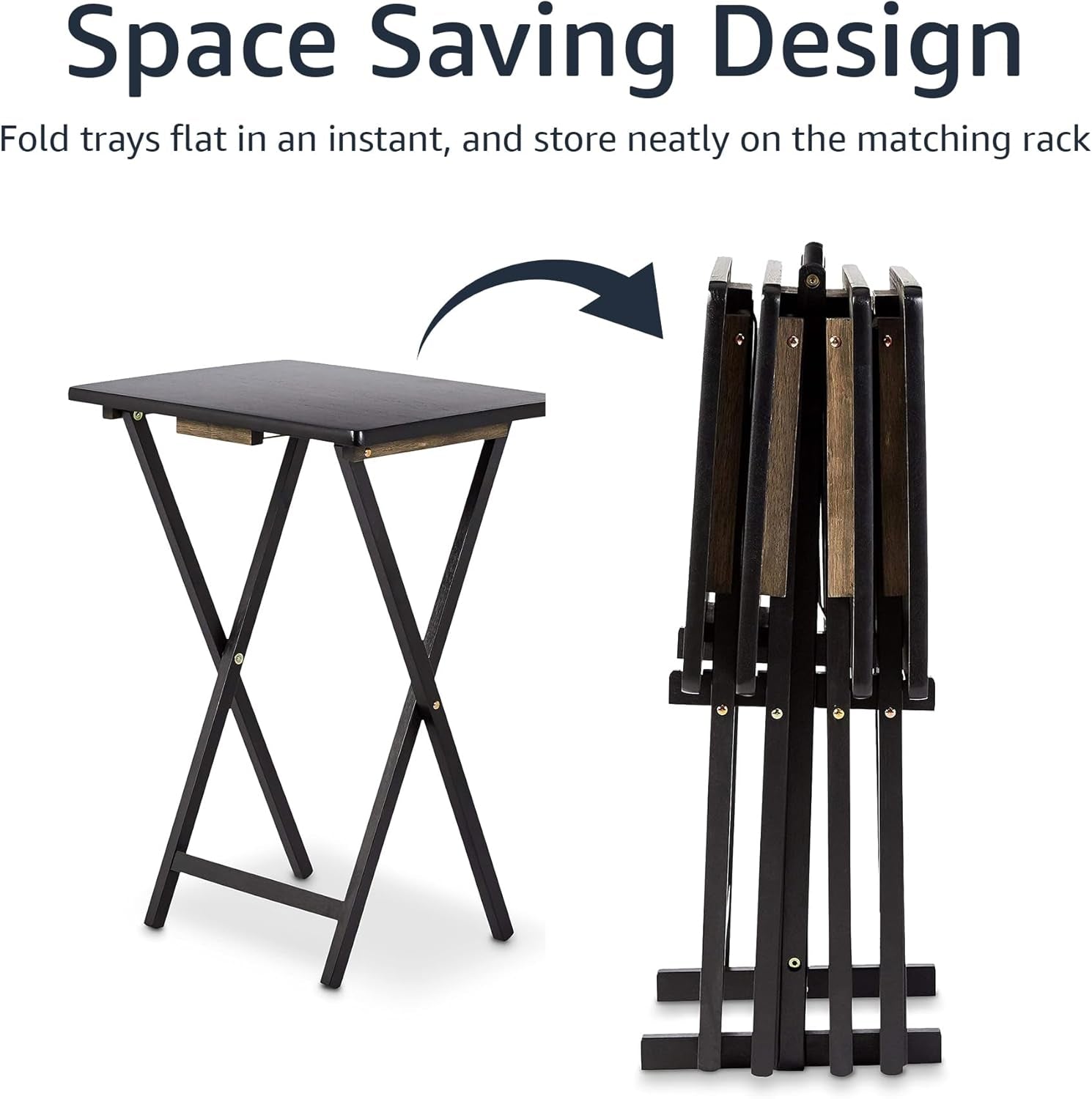 Foldable TV Dinner Tray Table with Storage Rack, Set of 4, Black, 15"