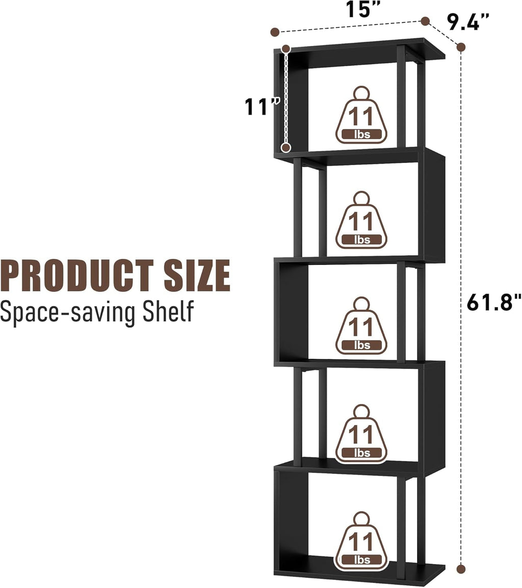 5-Tier Bookshelf, Tall S-Shaped Geometric Bookcase, Wood and Metal