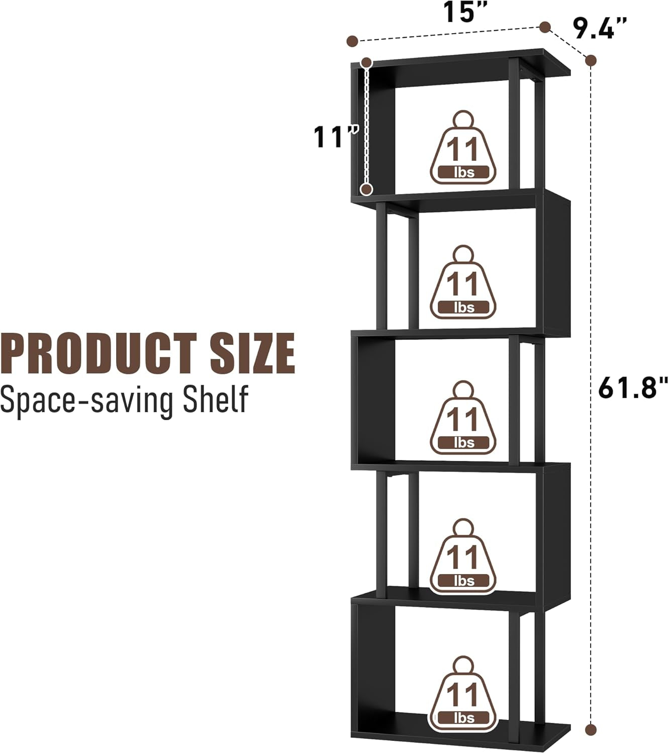 5-Tier Bookshelf, Tall S-Shaped Geometric Bookcase, Wood and Metal