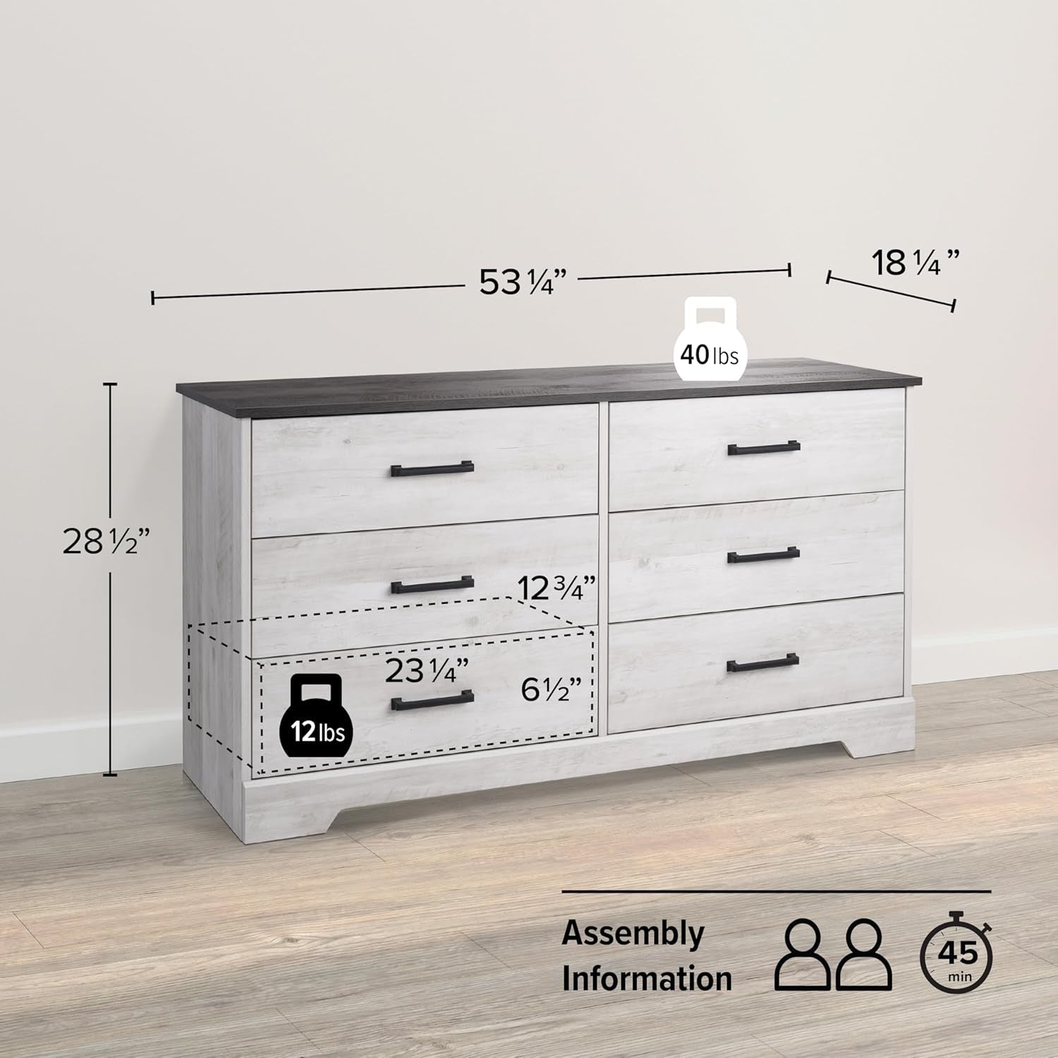 Washed White Farmhouse Dresser 6 Drawer Chest 53 Inch Wide