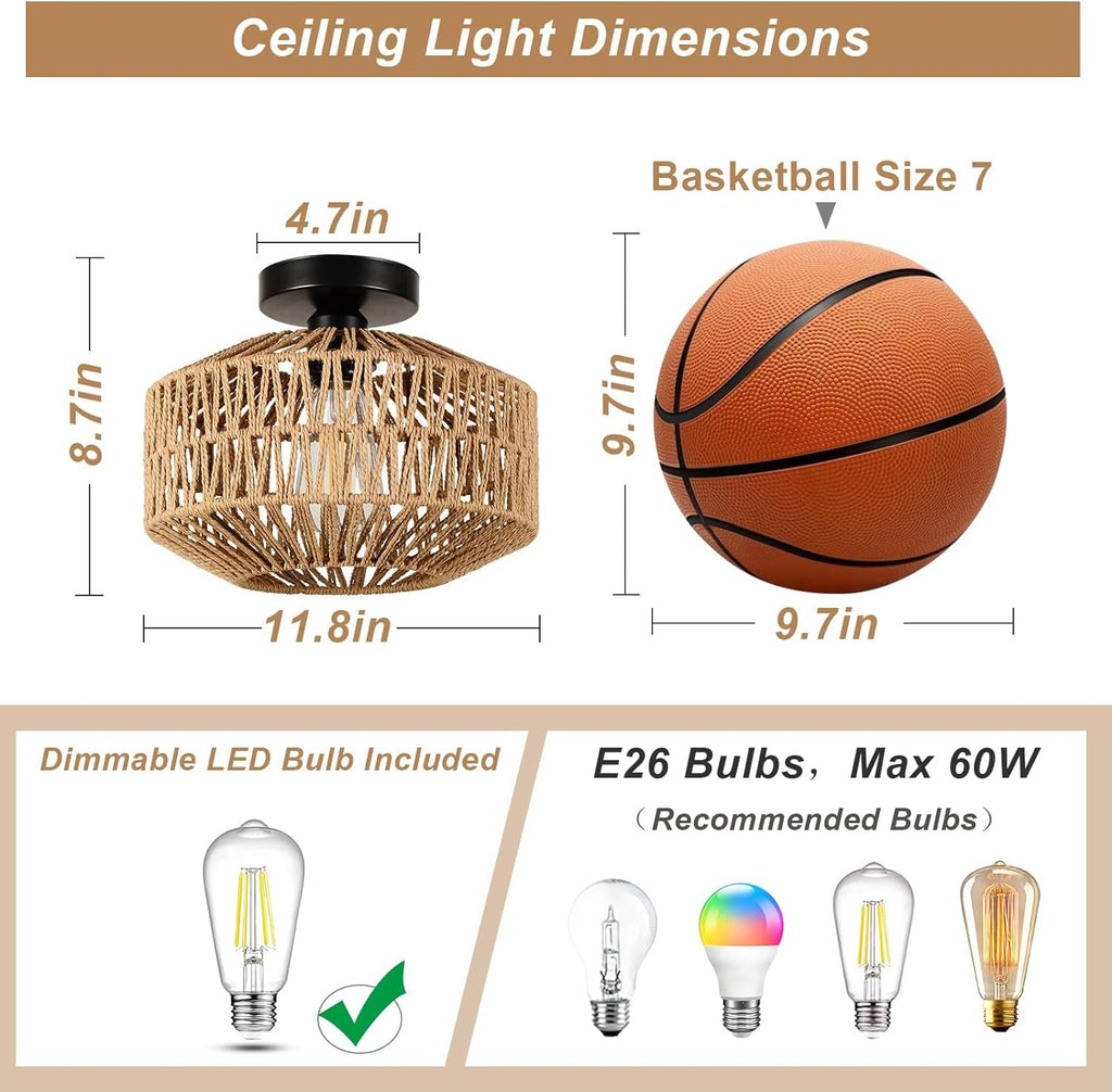 Mini Rattan Ceiling Light Fixture With Dimmable LED Bulb