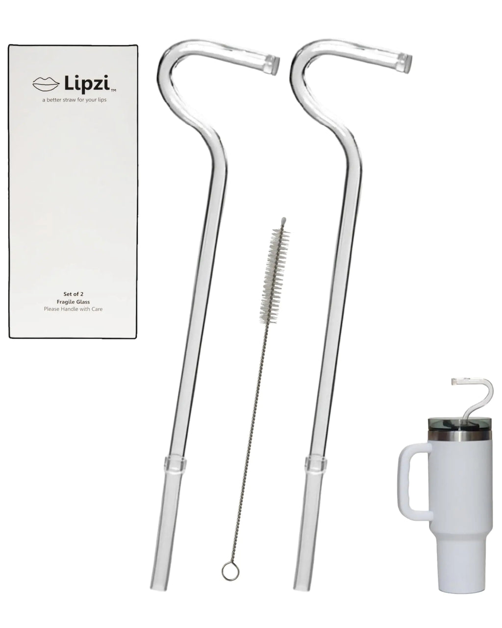 Lipzi - Anti Wrinkle Straw - Glass anti-wrinkle drinking straws for 40oz Tumbler Clear Reusable Straws with Cleaning Brush - Eco-Friendly Alternative to Plastic - Cleaning Brush Included - 2 Pack