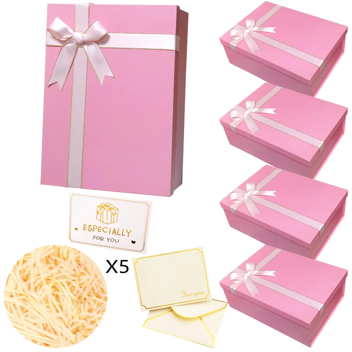 MYGOGOART Large Pink Gift Box 13 x 10 x 5 Inches with Lid Ribbon Bow Shredded Raffia Paper Fill Greeting Card and Envelope for Wedding Birthday Valentines Bridal Gifts Pink (5 packs Pink)
