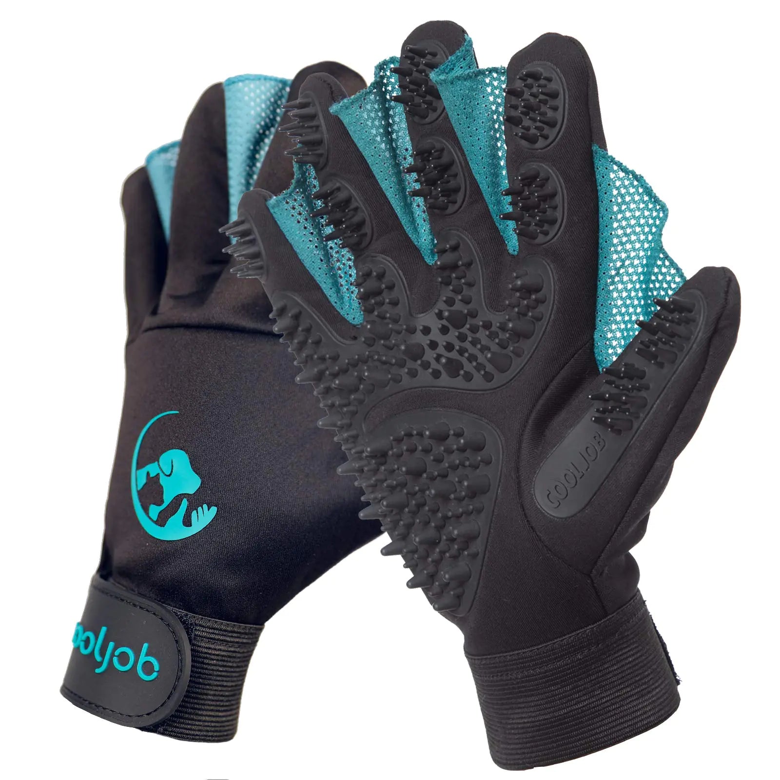 COOLJOB Patented Pet Grooming Gloves with Web Reusable Washable Cleaning Brush Massage Hair Remover for Short Long Haired Dog Cat Horse Animal Washing Bathing Shedding Supplies Medium Blue Black