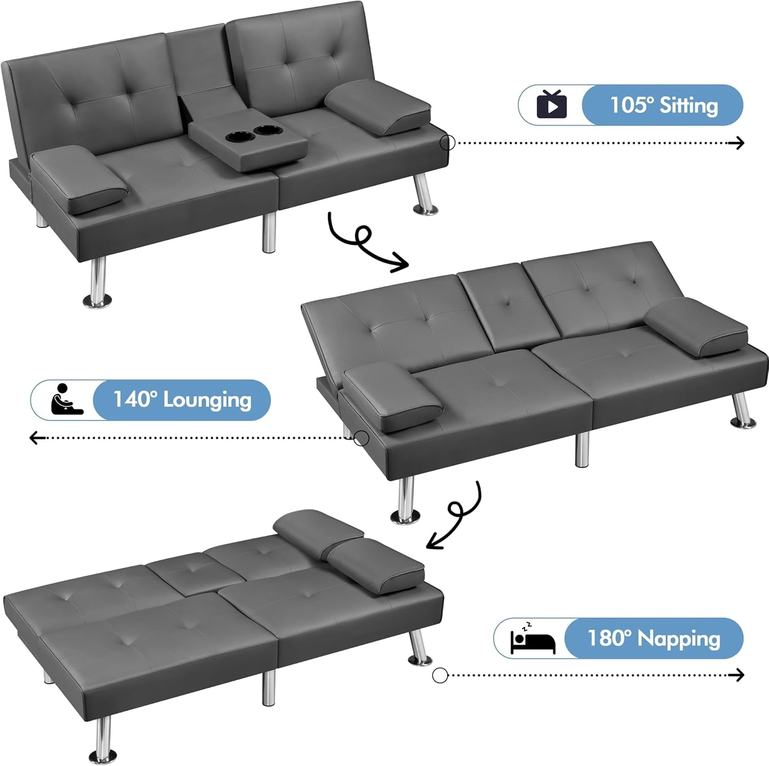 Convertible Sofa Bed Adjustable Couch Sleeper Modern Faux Leather Home