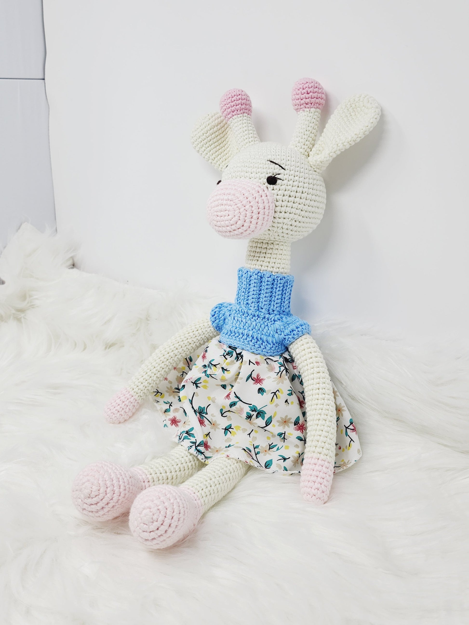Crochet Giraffe Stuff Animal Toy Large Girl Doll in Dress, Amigurimi