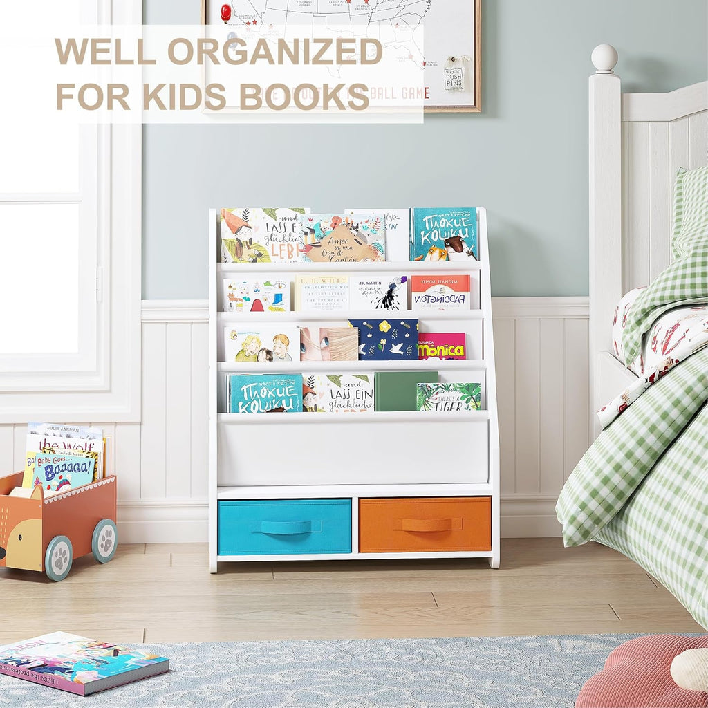 Kids Bookshelf with Storage Bins, Book Shelf for Kids Rooms, 4-Tier