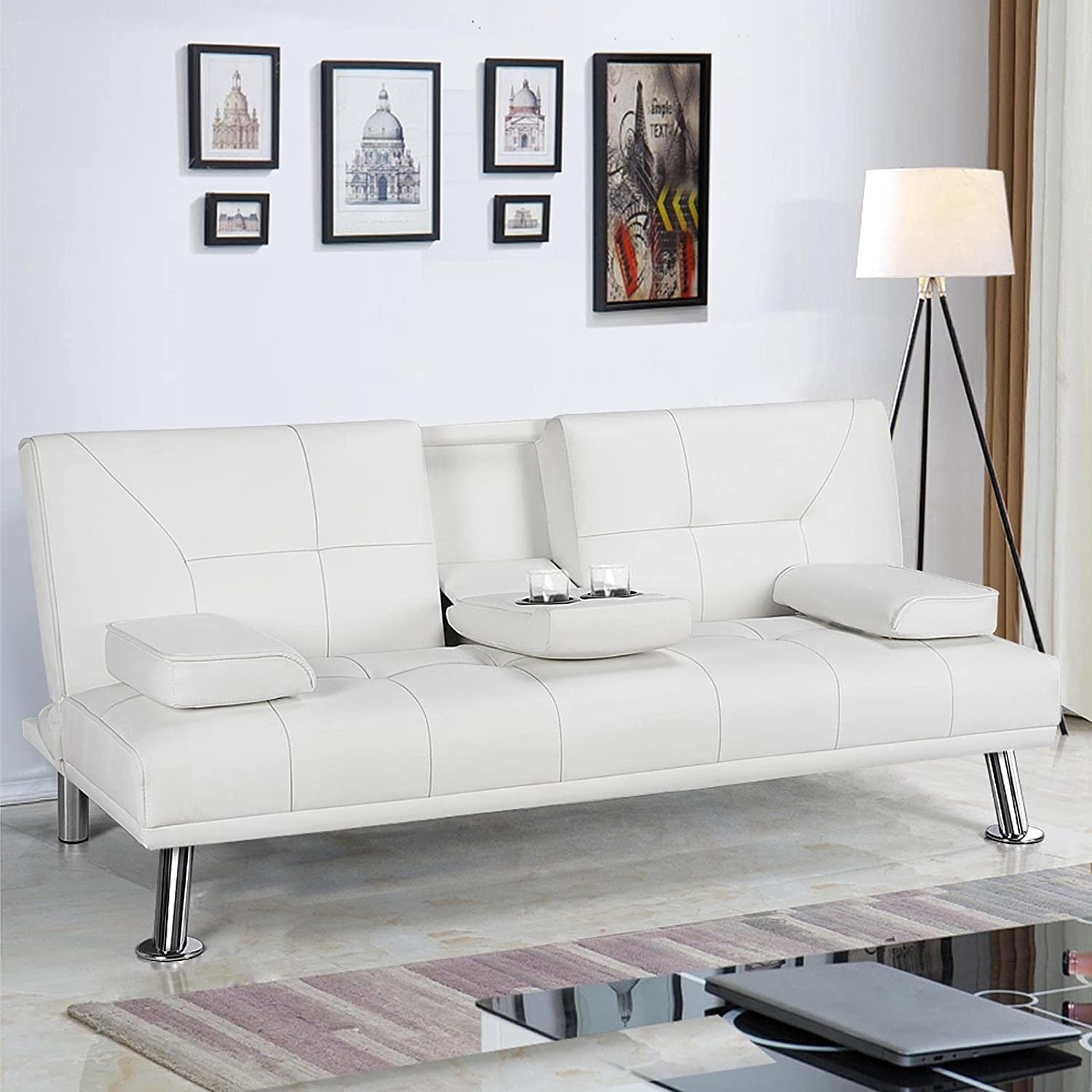 Convertible Sofa Bed With Cup Holders And Adjustable Back