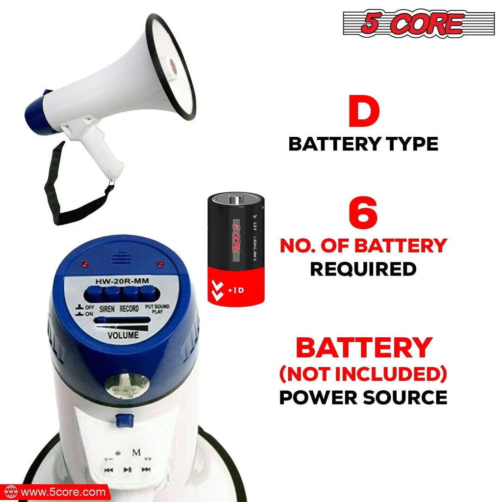5Core Megaphone Bullhorn Speaker 20W Bull Horn Battery Power Cheer