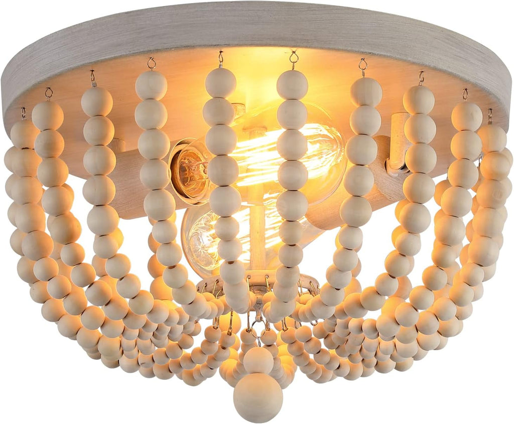 Boho Wood Beaded Flush Mount Chandelier Oak Finish 2 Lights